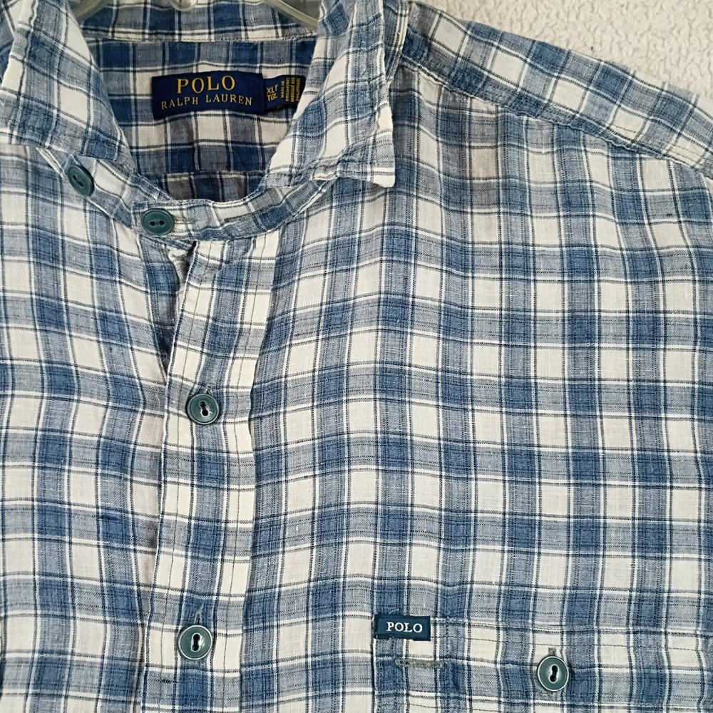 Polo Ralph Lauren Plaid Button Down Mens XLT Blue Linen Short Sleeve Loop Collar